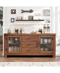 homfan Buffet Sideboard with Glass Doors and Drawers Accent Storage Cabinet Coffee Bar for Living Room Kitchen Dining Room