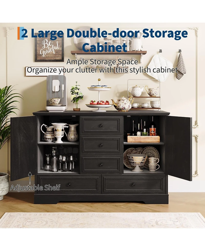 homfan Farmhouse Sideboard Buffet Cabinet with 5 Drawers and 2 Doors Coffee Bar Console Table for Dining Room Living Entryway