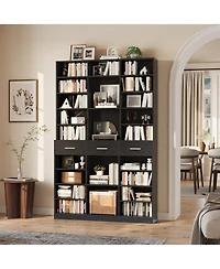 homfan 75" Tall Bookcase with Drawers, 9-Tier Adjustable Shelves, Farmhouse Wood Bookshelf for Living Room and Office