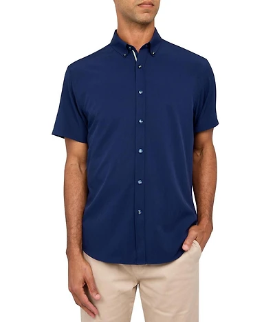 Society of Threads Men's Regular Fit 4-Way Stretch Performance Solid Short Sleeve Button Down