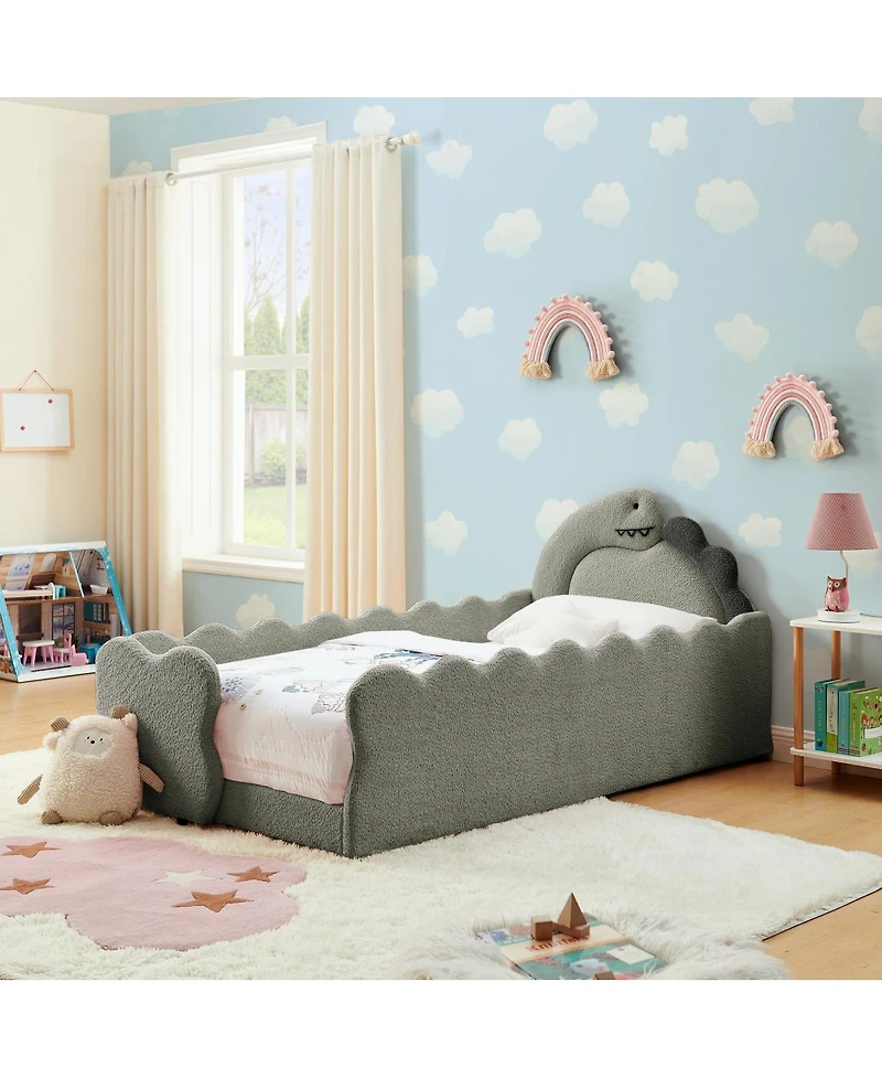 Streamdale Furniture Twin Size Dinosaur-Shaped Kids Bed with Safety Guardrail Boucle Fabric