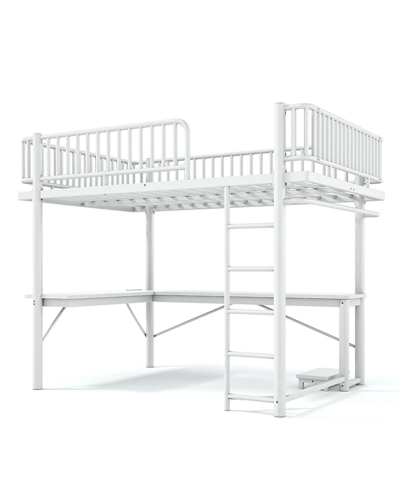 Streamdale Furniture Queen Metal Loft Bed with L-Shaped Desk Led Lights and Charging Station