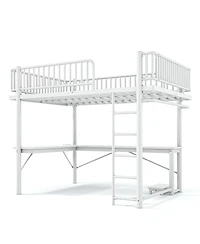 Streamdale Furniture Queen Metal Loft Bed with L-Shaped Desk Led Lights and Charging Station