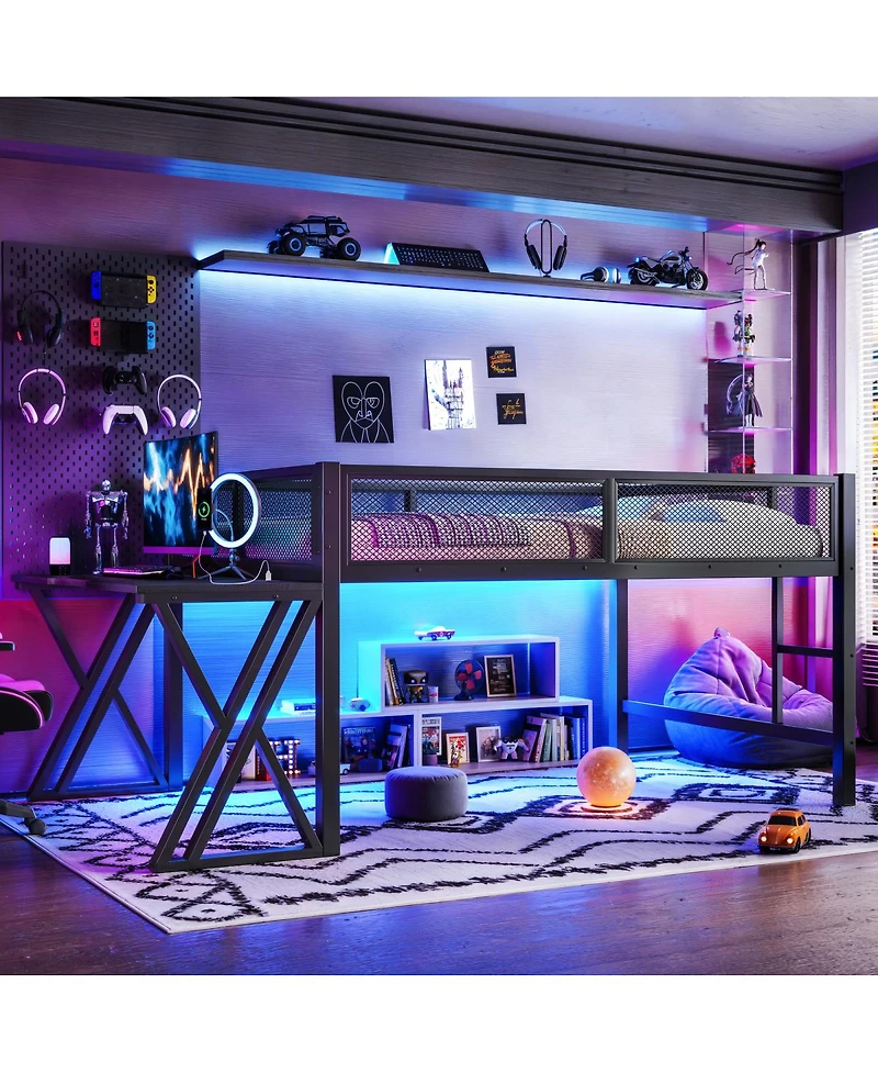 Streamdale Furniture Full Size Gaming Loft Bed with Desk Led Lights Usb Ports and Staircase