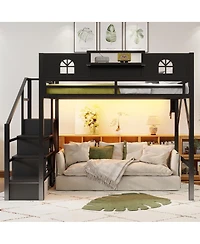 Streamdale Furniture Full Size Metal Loft Bed with Stairs Wardrobe and House-Shaped Guardrails