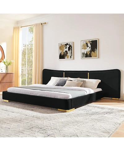 Streamdale Furniture Extra Large Chenille Platform Bed with Curved Headboard