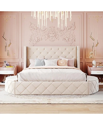Streamdale Furniture Velvet Upholstered Platform Bed with Storage Drawer and 2 Side Stools