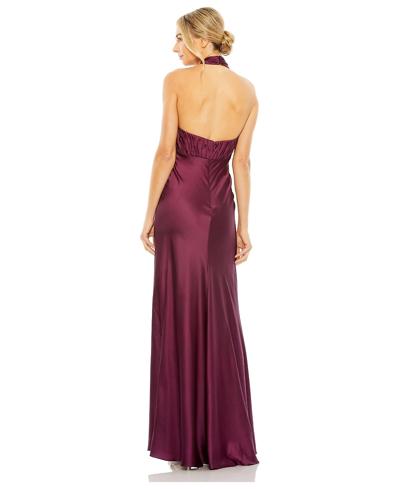 Mac Duggal Women's Halter Neck Pleated Satin Gown