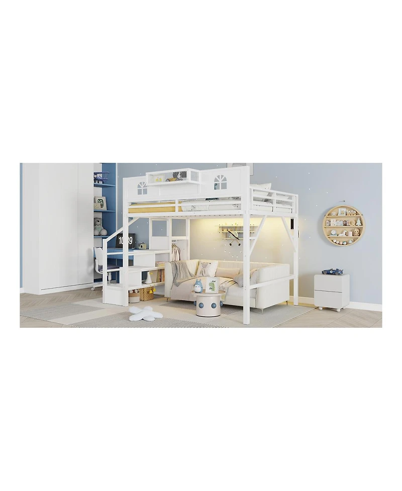 Streamdale Furniture Metal Loft Bed with Stairs Wardrobe and Guardrails