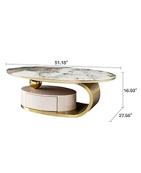 Streamdale Furniture 51.18'' Luxury Oval Coffee Table with Drawer Glass Top and Gold Stainless Frame