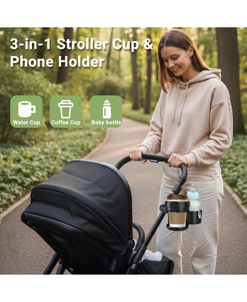 ZealSound 3-in-1 Stroller Cup and Bottle Holder with 360degree(s) Rotating Phone Mount, Universal Fit