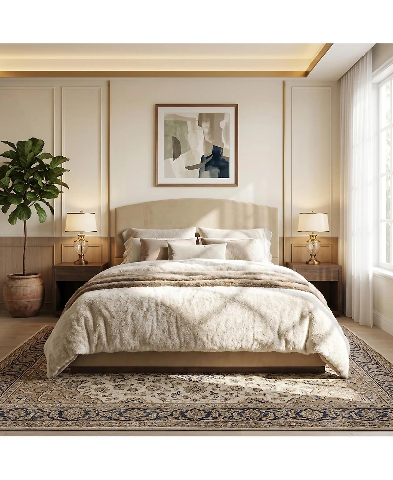 Streamdale Furniture Queen Size Velvet Upholstered Bed Frame with Thick Headboard Camel