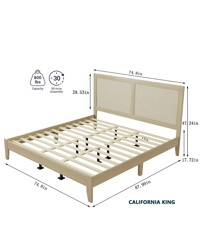 Streamdale Furniture Solid Wood Platform California King Bed With Rattan