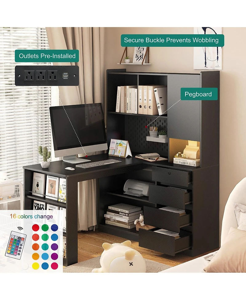 Streamdale Furniture L-Shaped Computer Desk with Drawers Shelves Led Lights and Charging Station