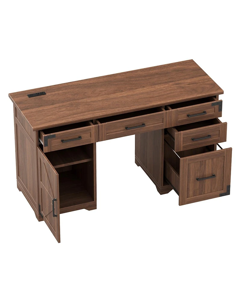 Streamdale Furniture 5'' Farmhouse Executive Desk with Charging Station 5 Drawers and Cabinet Walnut
