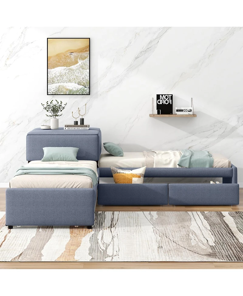 Streamdale Furniture L-Shaped Twin Upholstered Platform Bed with Trundle Drawers