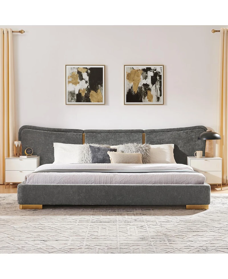 Streamdale Furniture King Size Extra Large Chenille Platform Bed with Curved Headboard