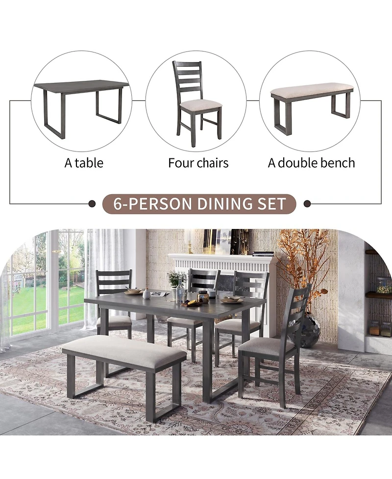 Streamdale Furniture 6-Piece Solid Wood Dining Set with Rectangular Table 4 Chairs and Bench