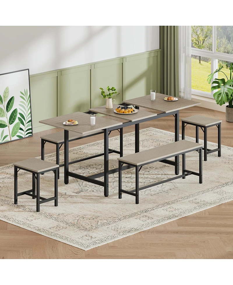 Streamdale Furniture Expandable Dining Table Set for 4-8 with 2 Benches and 2 Stools