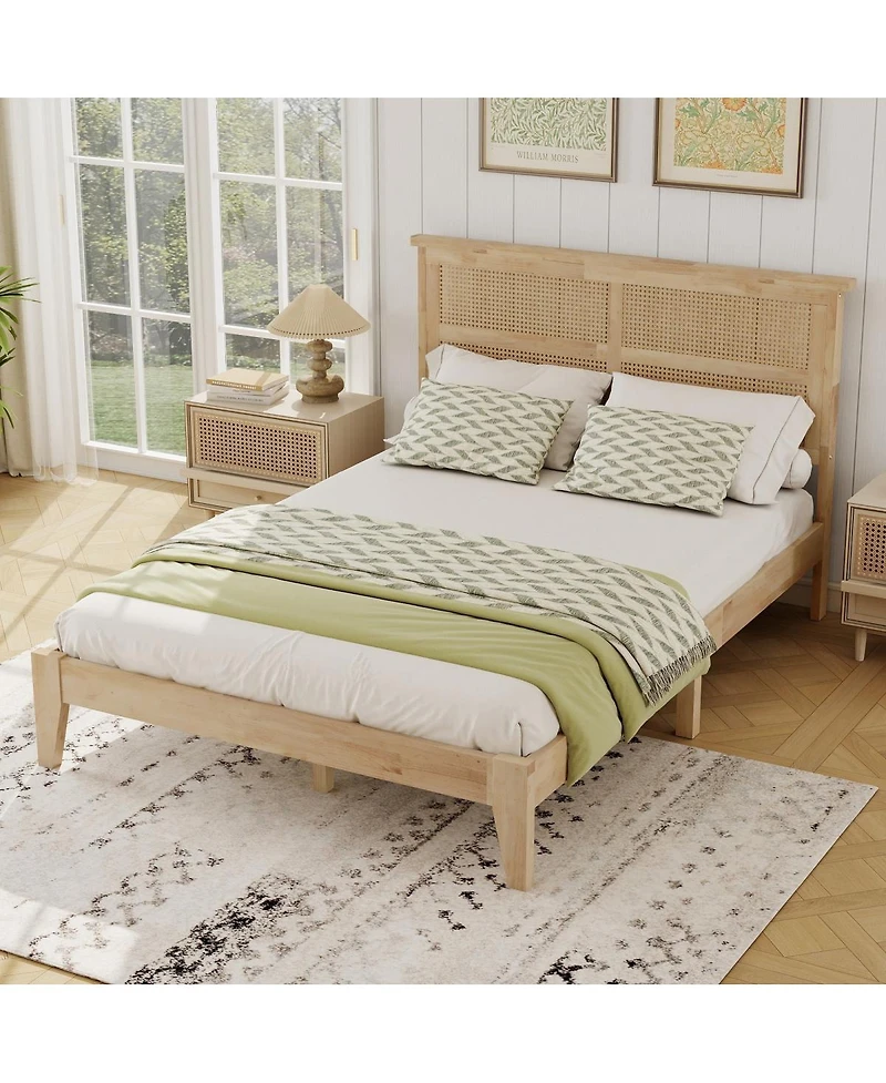 Streamdale Furniture Solid Wood Full Bed with Rattan Headboard and Central Support