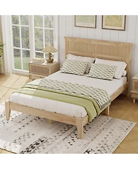 Streamdale Furniture Solid Wood Full Bed with Rattan Headboard and Central Support