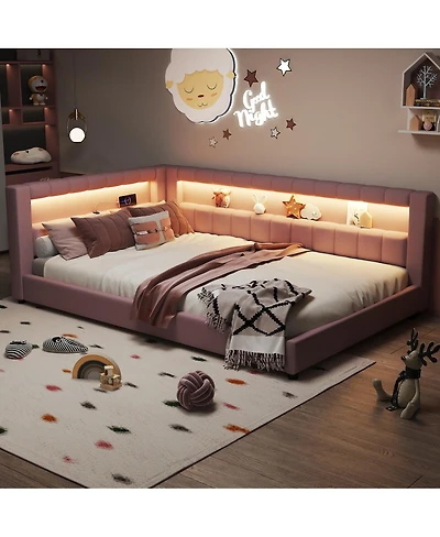 Streamdale Furniture Upholstered Full Xl Size Platform Bed with Usb Ports and Led Belt