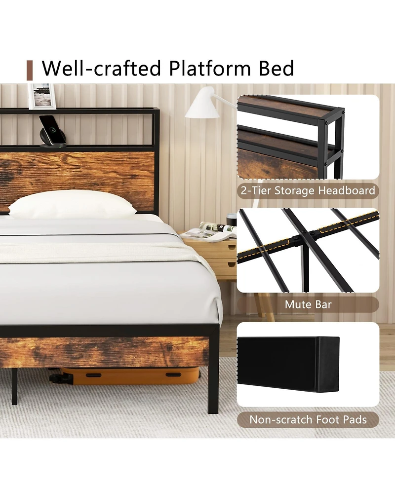 Gouun Bed Frame with Storage Headboard and Charging Station