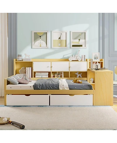 Streamdale Furniture Wooden L-Shape Daybed with Storage Desk and Bookshelf