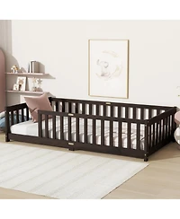 Streamdale Furniture Twin Size Floor Bed with Fence Rubber Wood with Safety Guardrails Espresso