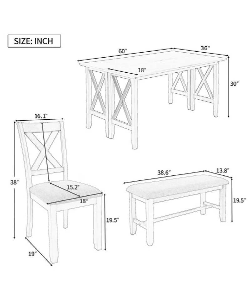 Streamdale Furniture 6-Piece Solid Wood Foldable Dining Set with Bench