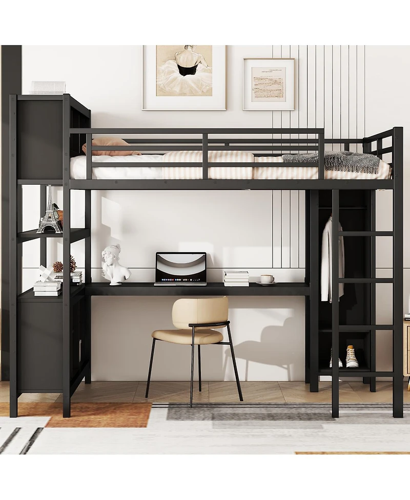 Streamdale Furniture Metal Loft Bed with Wardrobe L-Shaped Desk and Storage