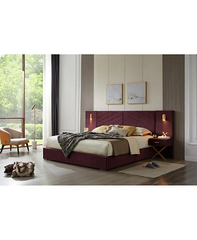 Streamdale Furniture Queen Size Velvet Wingback Platform Bed with Vertical Channel Tufted Headboard