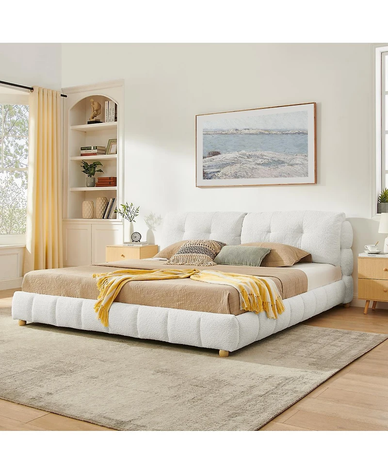 Streamdale Furniture King Cream Boucle Platform Bed with Solid Wood Legs