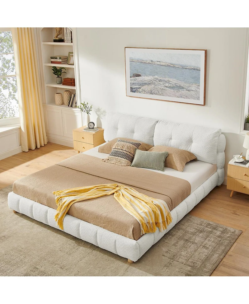 Streamdale Furniture King Cream Boucle Platform Bed with Solid Wood Legs