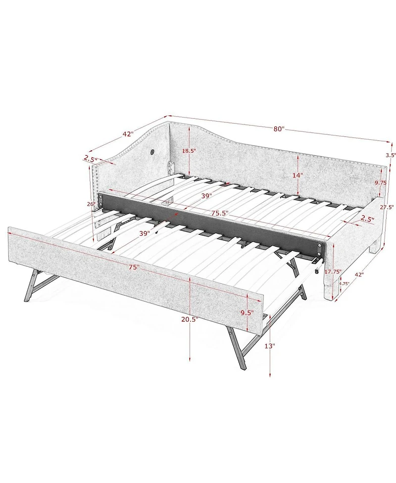 Streamdale Furniture Twin Curved Padded Daybed with Trundle and Usb Port