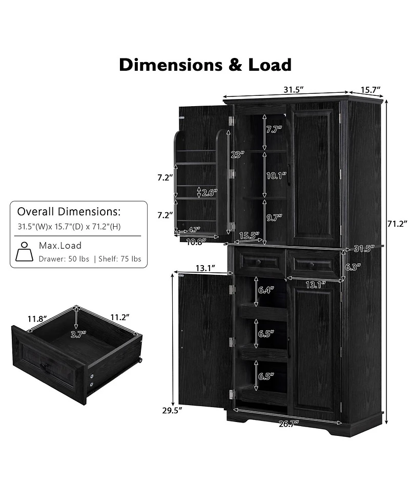 Streamdale Furniture 71'' Tall Farmhouse Kitchen Pantry with 3 Pull-Out Organizers and 6 Door Shelves