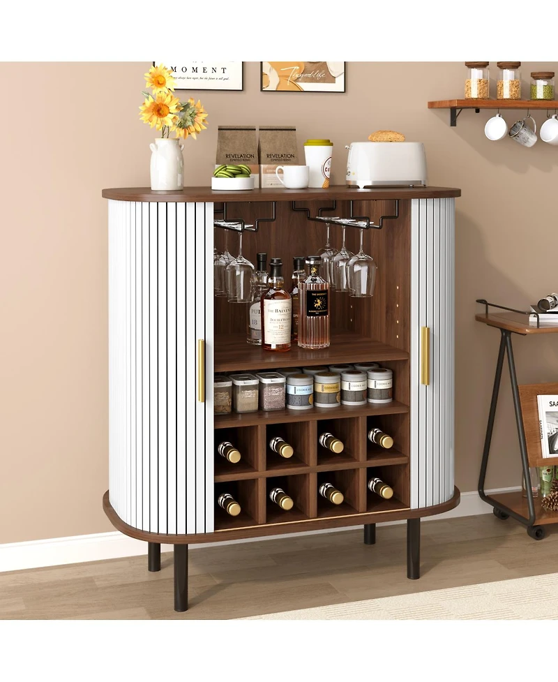 Streamdale Furniture 28'' Fluted Wine Bar Cabinet with Storage Adjustable Shelves and Tambour Doors