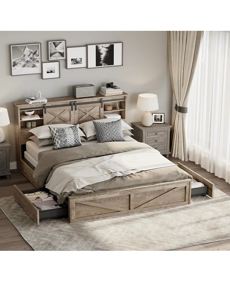 Streamdale Furniture Farmhouse King Bed Frame with Led Lights Charging Station and Storage Drawers