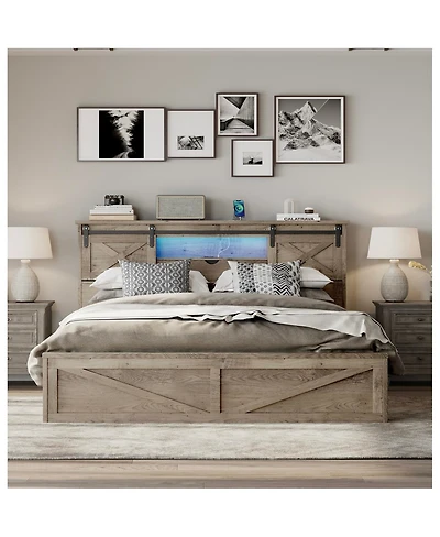 Streamdale Furniture Farmhouse King Bed Frame with Led Lights Charging Station and Storage Drawers