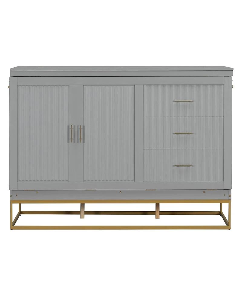 Streamdale Furniture Murphy queen bed with Wooden doors design fake drawers metal legs