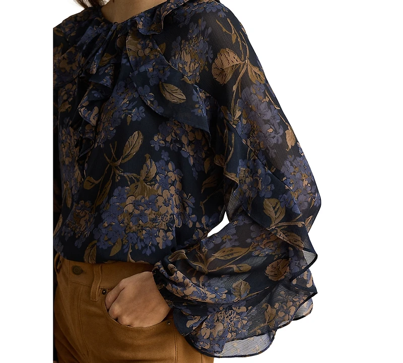 Lauren Ralph Petite Floral Crinkle Georgette Ruffle-Trim Tie-Neck Blouse