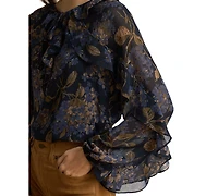 Lauren Ralph Petite Floral Crinkle Georgette Ruffle-Trim Tie-Neck Blouse