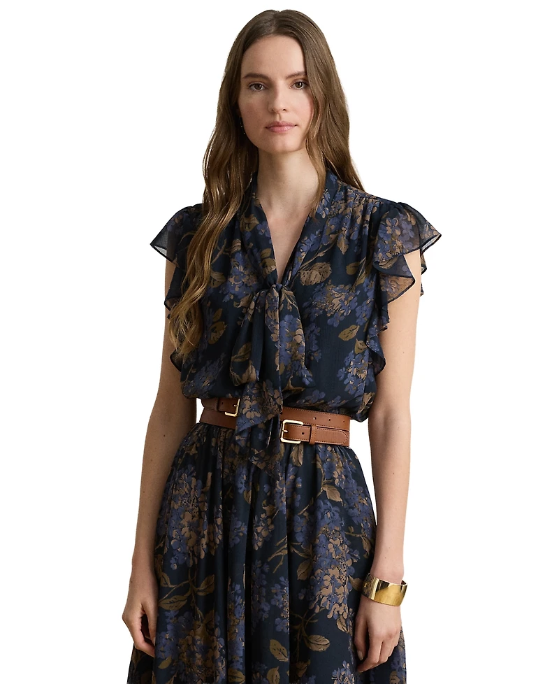 Lauren Ralph Petite Floral Crinkle Georgette Tie-Neck A-Line Dress
