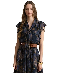 Lauren Ralph Petite Floral Crinkle Georgette Tie-Neck A-Line Dress