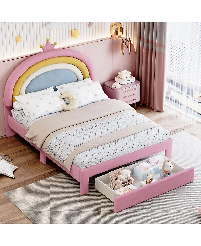 Streamdale Furniture Rainbow Velvet Upholstered Platform Bed with Storage Drawer