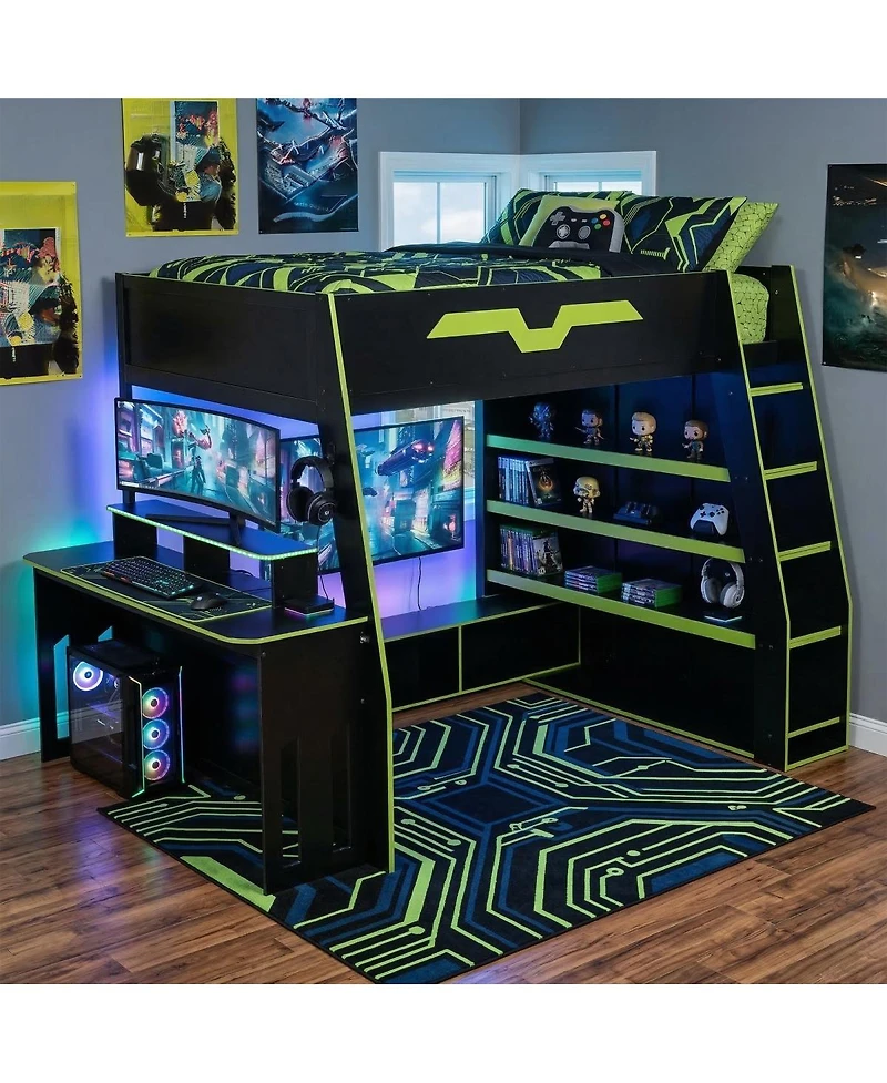 Streamdale Furniture Full Size Wood Loft Bed with Desk Storage Shelves and Rgb Lights