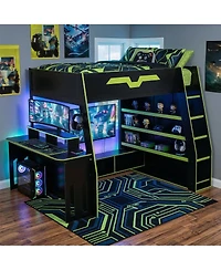 Streamdale Furniture Full Size Wood Loft Bed with Desk Storage Shelves and Rgb Lights