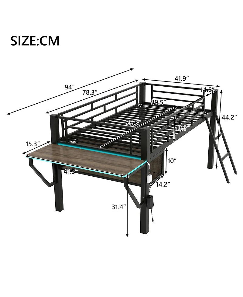 Streamdale Furniture Gaming mid loft bed with desk Led Twin