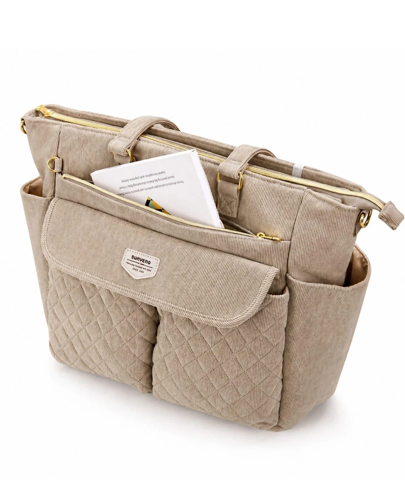 Sunveno Corduroy Quilted Diaper Bag Tote with Changing Pad