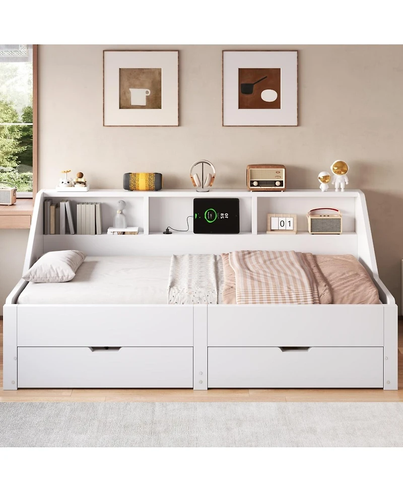 Streamdale Furniture to King Daybed Frame with Storage Bookcases and Charging Station